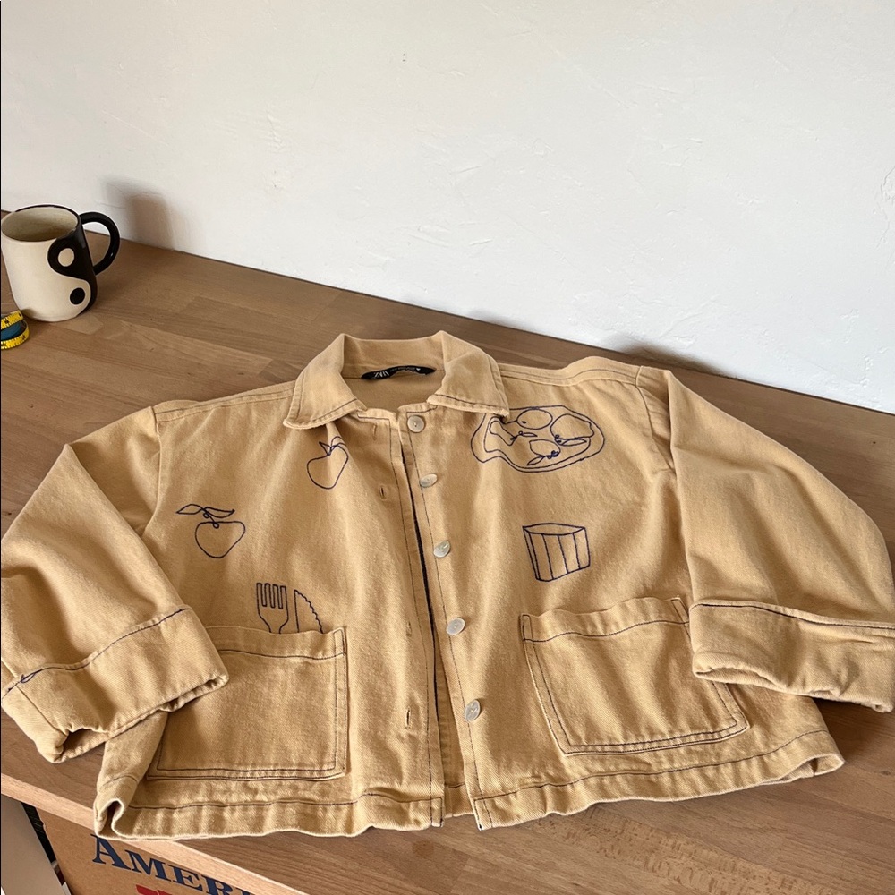 Zara Beige Jacket with Blue Stitching